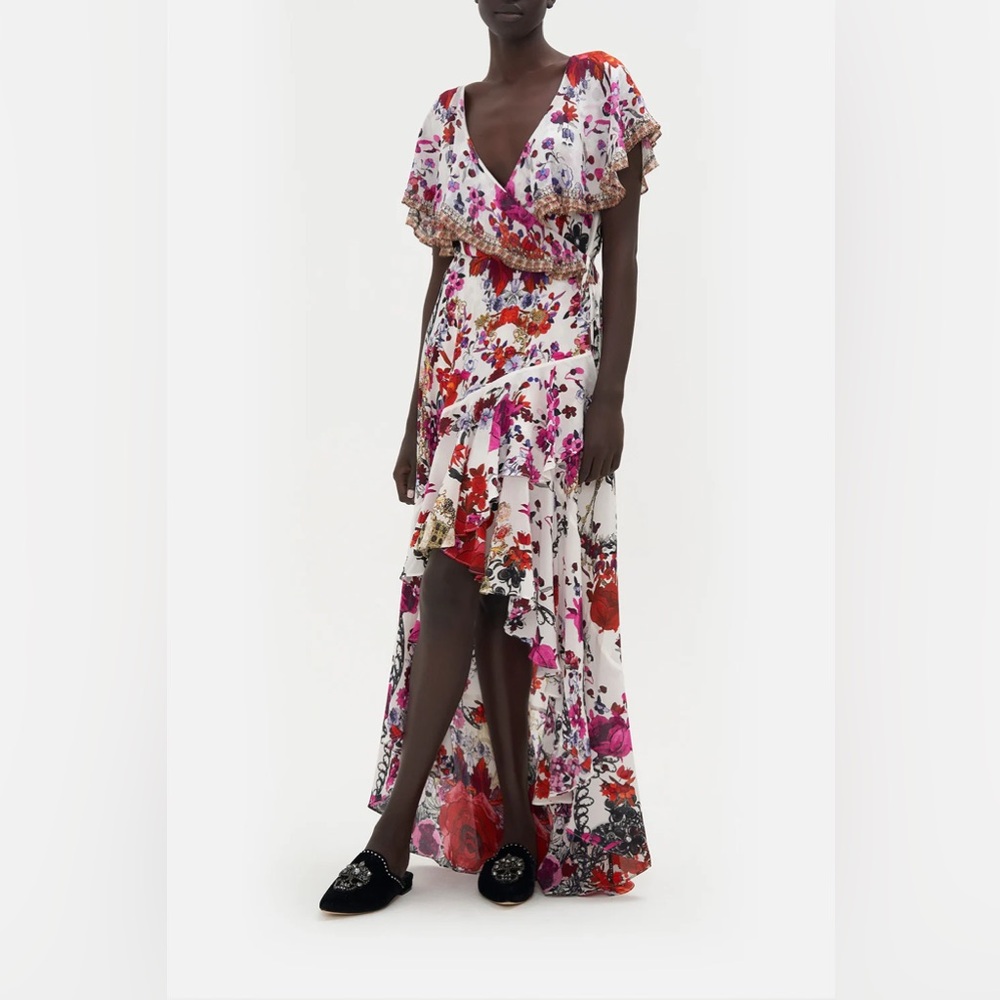 CAMILLA “Reign of Roses” white red silk floral hi low frill wrap boho dress XS